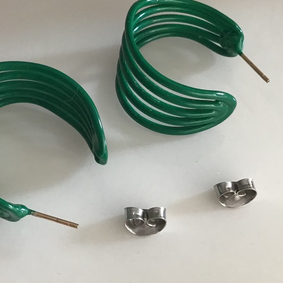 Vintage 1980s Hoop Earrings Pierced Green Retro Disco - Picture 15 of 16